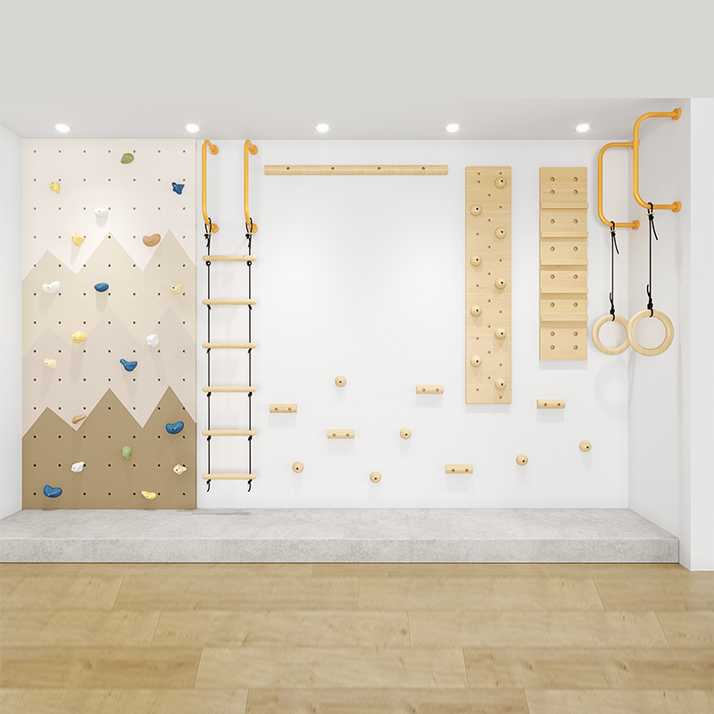 Gymnastic Rings Wooden - 子供用室内木製クライミングウォールジムセット モンテッソーリ感覚トレーニングウォール ロッククライミングホールド ロープラダー 体操リング付き