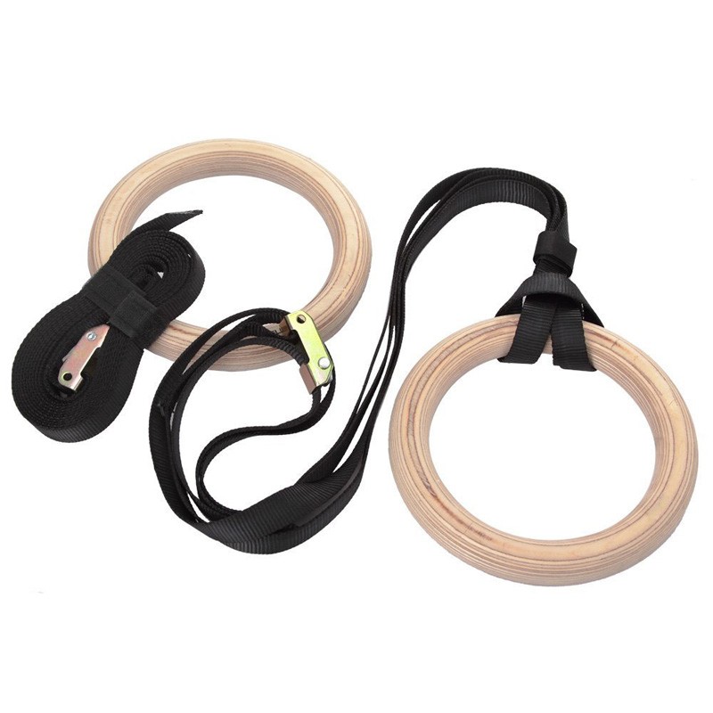 Gymnastic Rings Wooden - 調節可能なロングバックル付きフィットネス体操リング、木製ジムエクササイズ、クロスフィット、懸垂、マッスルアップ
