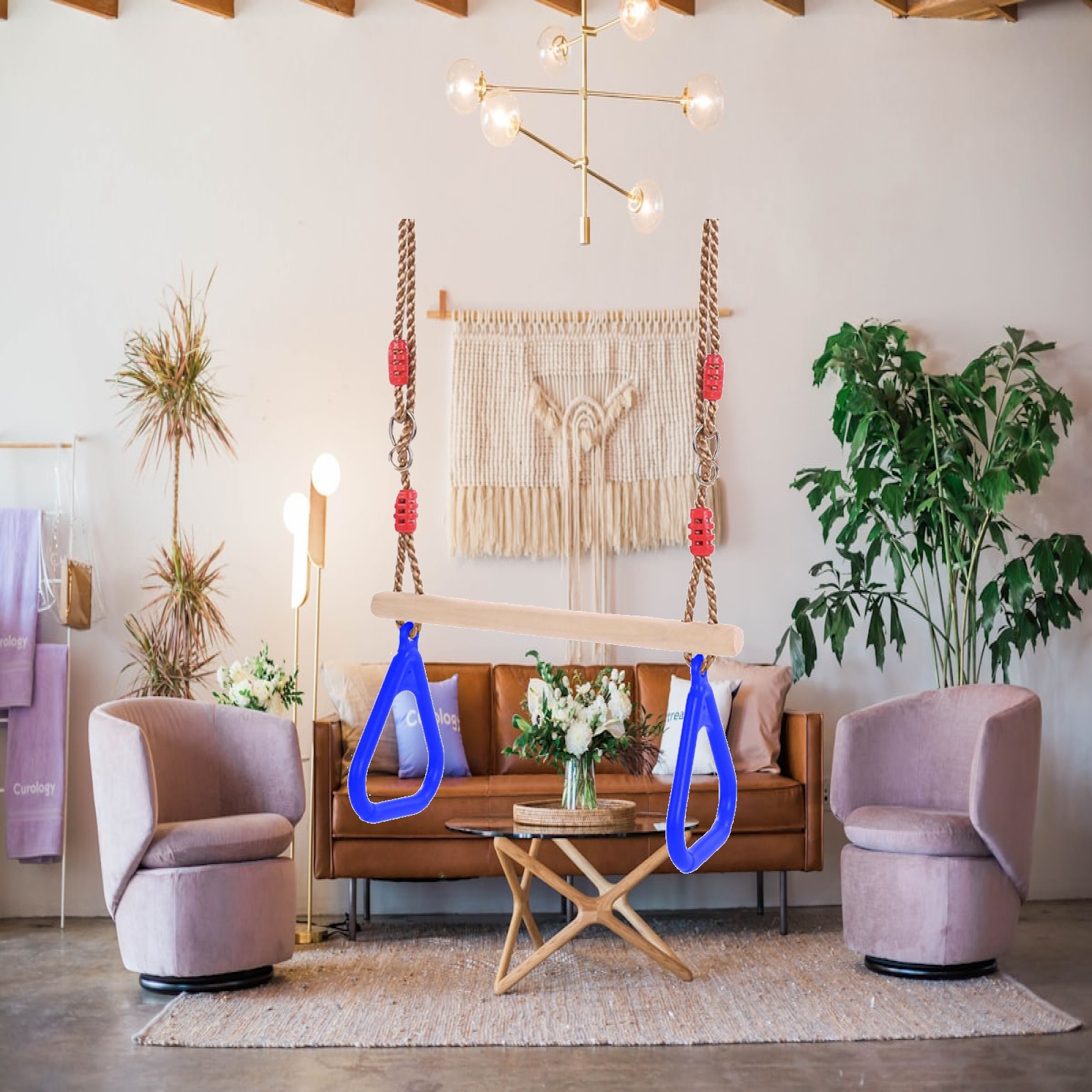 Gymnastic Rings Wooden - 屋内外で楽しめるブランコセット、裏庭用木製バー、体操リング、丈夫なロープ遊具（子供用）