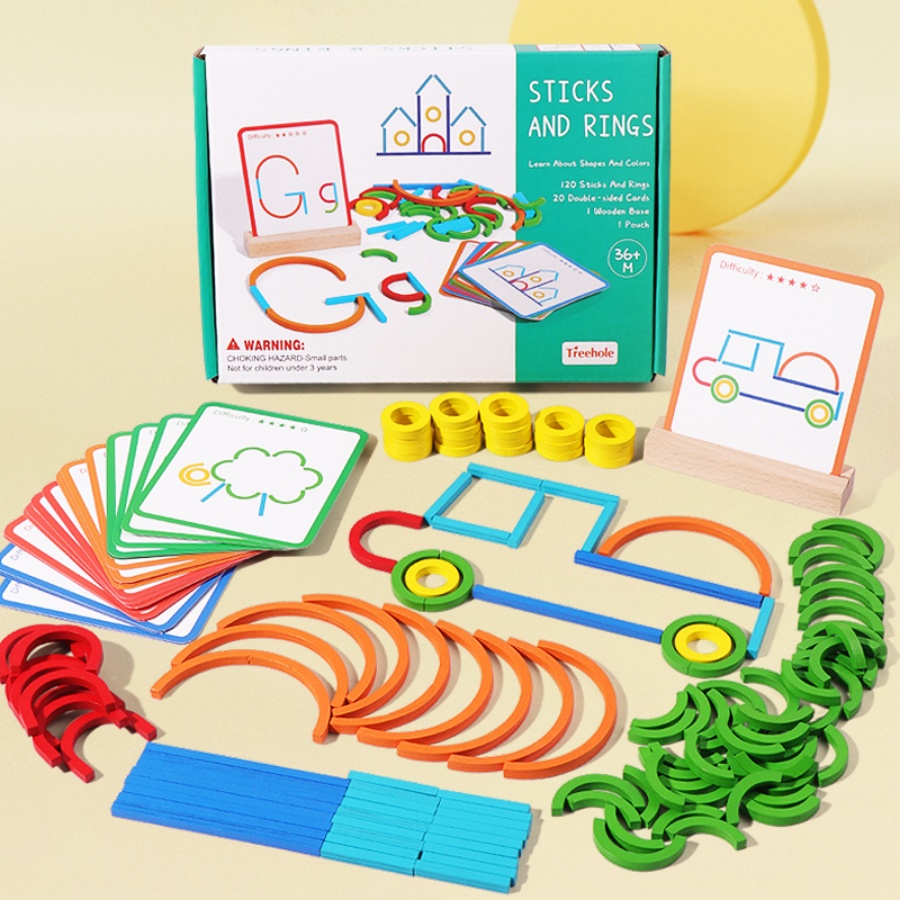 Gymnastic Rings Wooden - 子供の早期教育パズルおもちゃ、木製クリエイティブリング、スティック、パズル、抽象的な論理的思考トレーニング、親子
