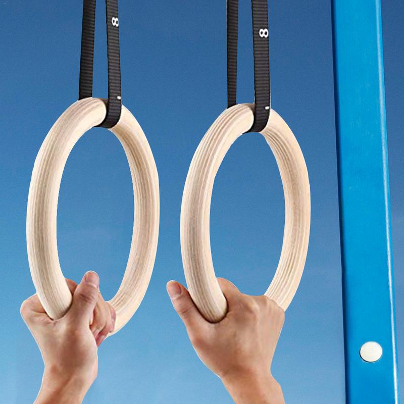Gymnastic Rings Wooden - ホームフィットネスエクササイズ用の調整可能なストラップ,オプションの調整可能なストラップを備えた1ピースビッチウッドリング
